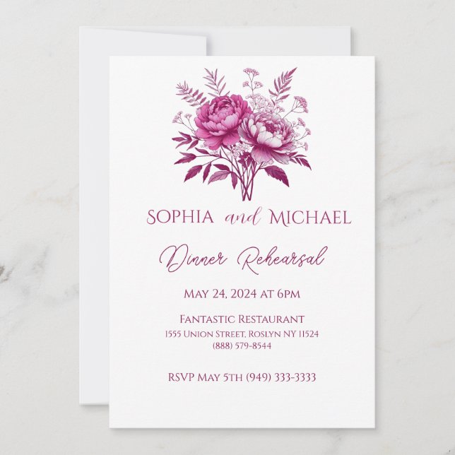Invitation Aquarelle Magenta Peony Mariage Dîner de répétitio (Devant)
