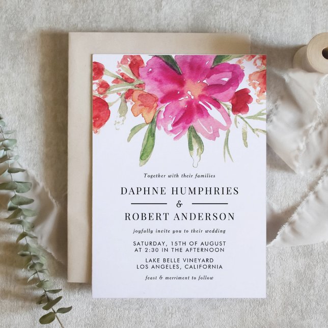 Invitation Aquarelle Magenta Rose Fleurs Mariage botanique (Magenta Pink Flowers Botanical Wedding Invitation)