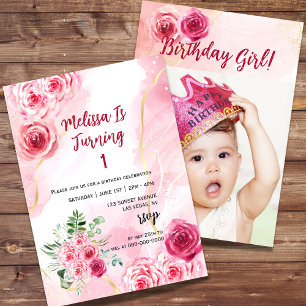 Invitation Aquarelle Magenta Rose rose Premier anniversaire P