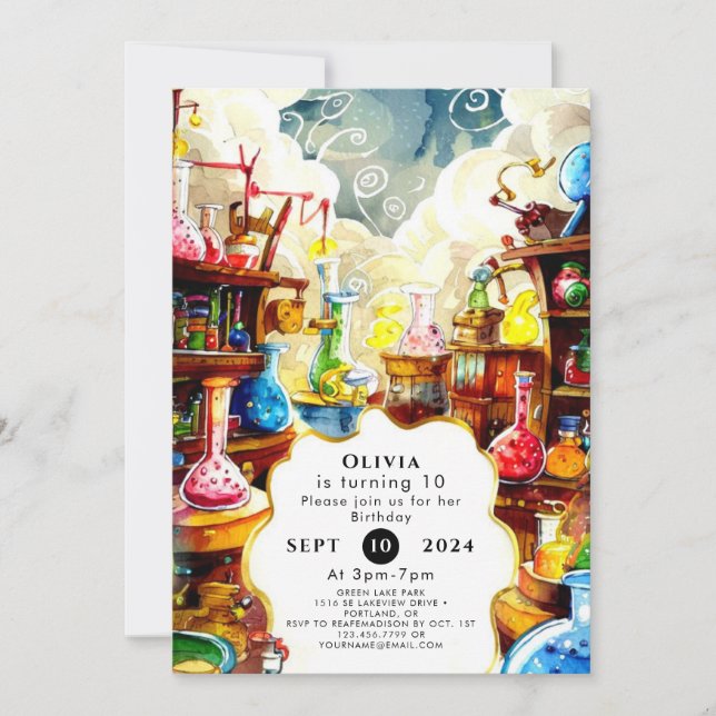 Invitation Aquarelle Magic Scientifique Enfants Anniversaire (Devant)