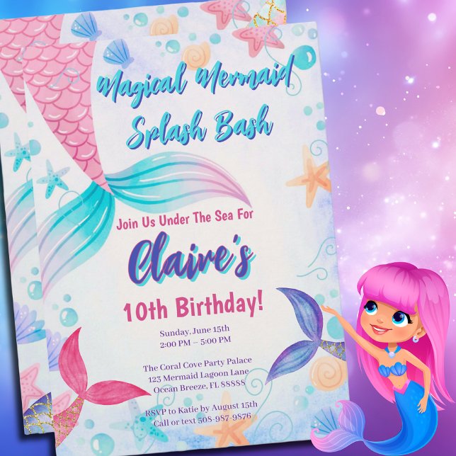 Invitation Aquarelle Magique de sirène Queue Anniversaire (Magical Mermaid Birthday Party Invitation)