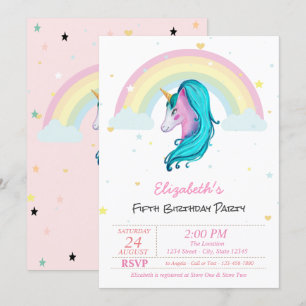 Invitation Aquarelle Magique Licorne Arc-en-Ciel Étoiles Anni