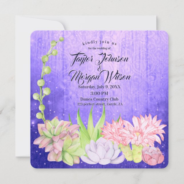 Invitation Aquarelle magique Succulents Mariage pourpre (Devant)