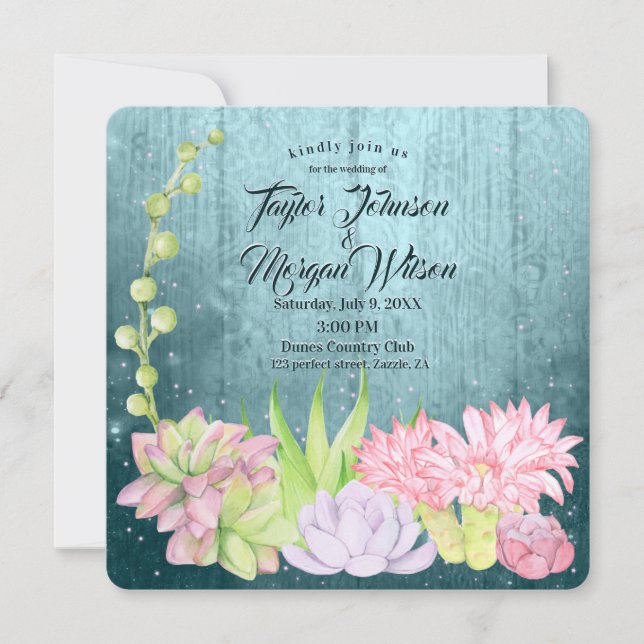 Invitation Aquarelle magique Succulents Mariage Turquoise (Devant)