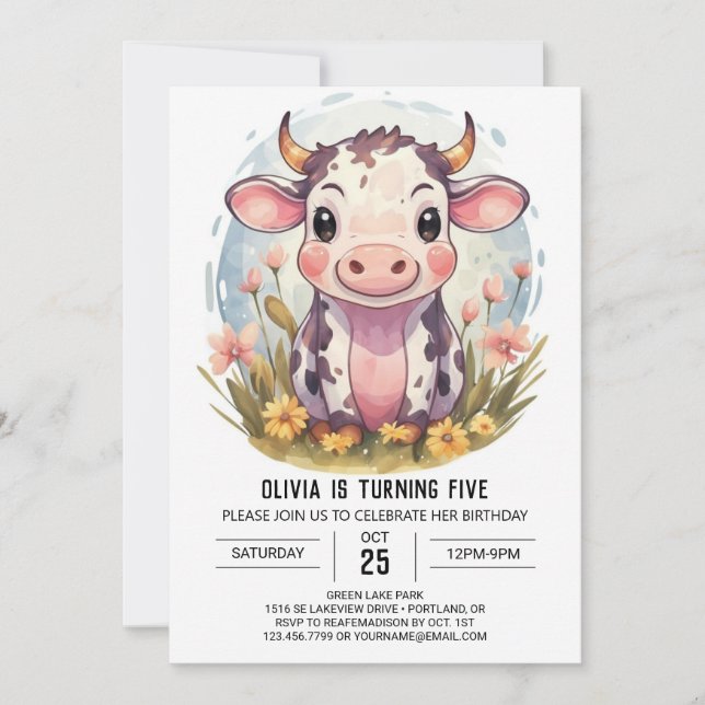 Invitation Aquarelle Magique Vache de ferme Anniversaire (Devant)