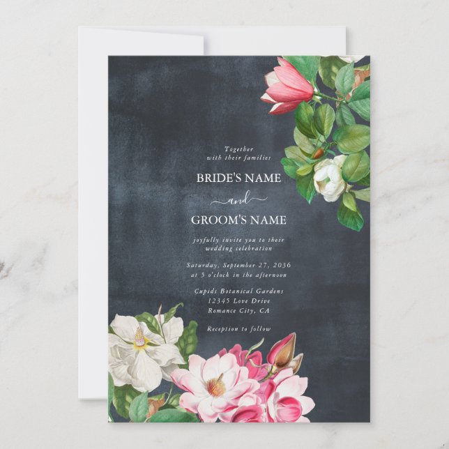 Invitation Aquarelle Magnolia Fleurs Mariage Noir Blanc (Devant)