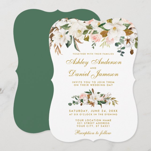 Invitation Aquarelle Magnolia Rose Floral Mariage or (Devant / Derrière)