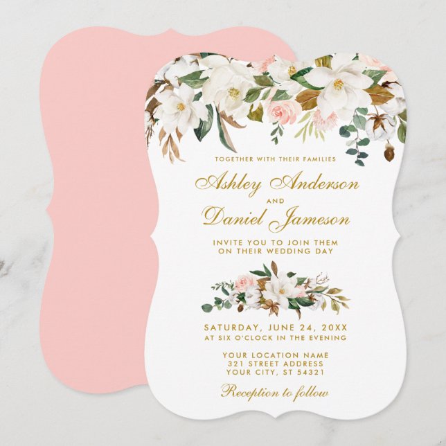 Invitation Aquarelle Magnolia Rose Floral Mariage Or rose (Devant / Derrière)