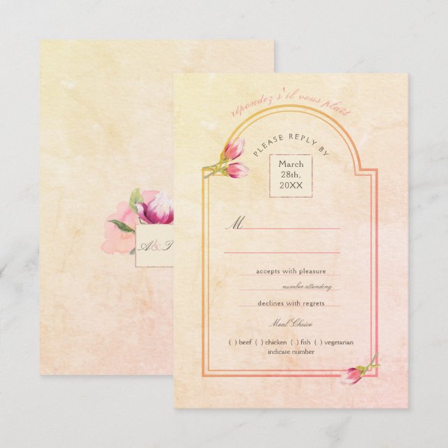 Invitation Aquarelle Magnolia Sunset Peach RSVP (Devant / Derrière)