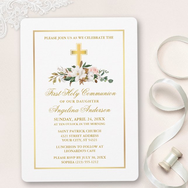 Invitation Aquarelle Magnolias Rose Croix d'or Communion (Customize to change text color, size, style or to add photos or more text to back of card.)