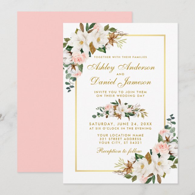 Invitation Aquarelle Magnolias Rose Floral Mariage Or (Devant / Derrière)