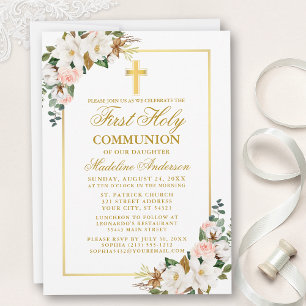 Invitation Aquarelle Magnolias Rose Gold Première communion