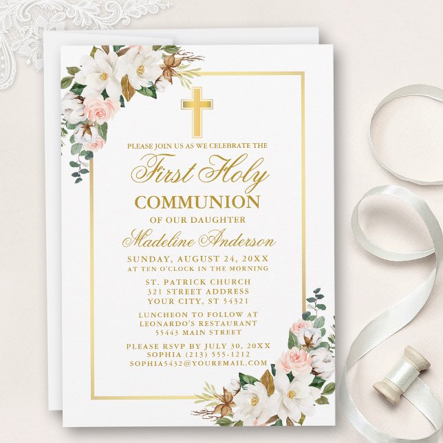 Invitation Aquarelle Magnolias Rose Gold Première communion (Customize to change text color, size, style or to add photos or more text to back of card.)