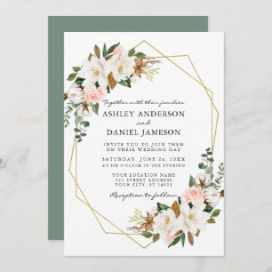 Invitation Aquarelle Magnolias Roses Geo Mariage Sage Green
