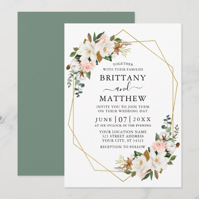 Invitation Aquarelle Magnolias Roses Geo Sage Mariage vert (Devant / Derrière)