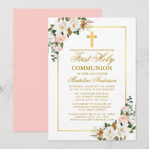 Invitation Aquarelle Magnolias Roses Première Communion Or