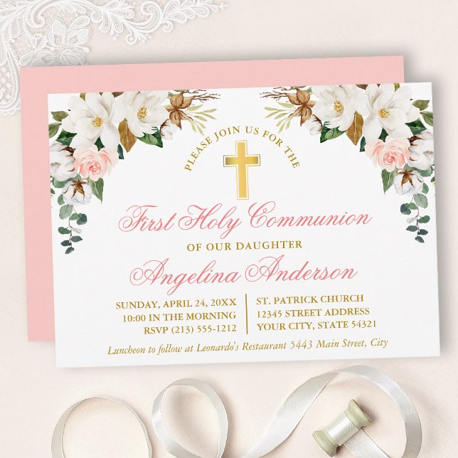Invitation Aquarelle Magnolias Roses Première Communion Or (Customize to change text color, size, style or to change color of back of card.)