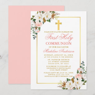Invitation Aquarelle Magnolias Roses première communion rose