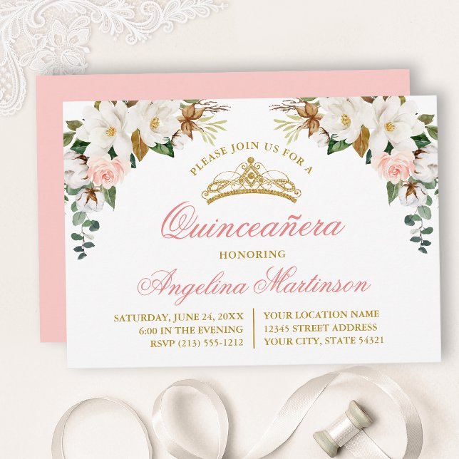 Invitation Aquarelle Magnolias Roses Rose Quinceanera (Customize to change text color, size, style or to change color of back of card.)