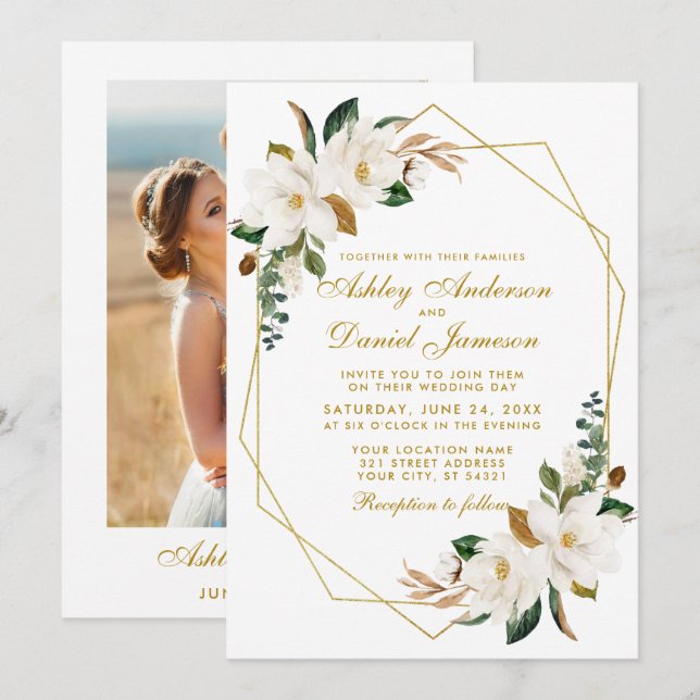 Invitation Aquarelle Magnolias Verdure Mariage photo or (Devant / Derrière)