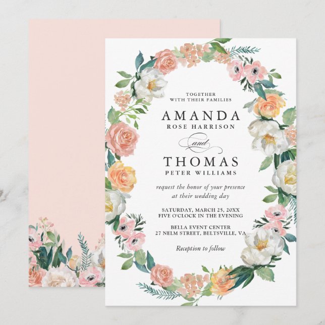 Invitation Aquarelle main dessinée Jardin Floral Mariage Wrea (Devant / Derrière)