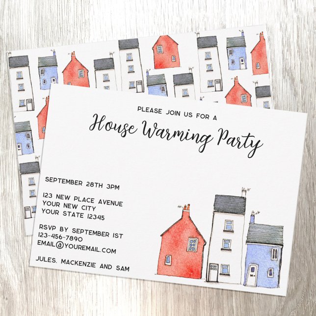 Invitation Aquarelle Maisons Maison Fête de Réchauffement (Watercolor houses custom personalized housewarming party invitation)