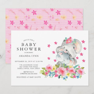 Invitation Aquarelle maman bébé éléphant bébé fille douche