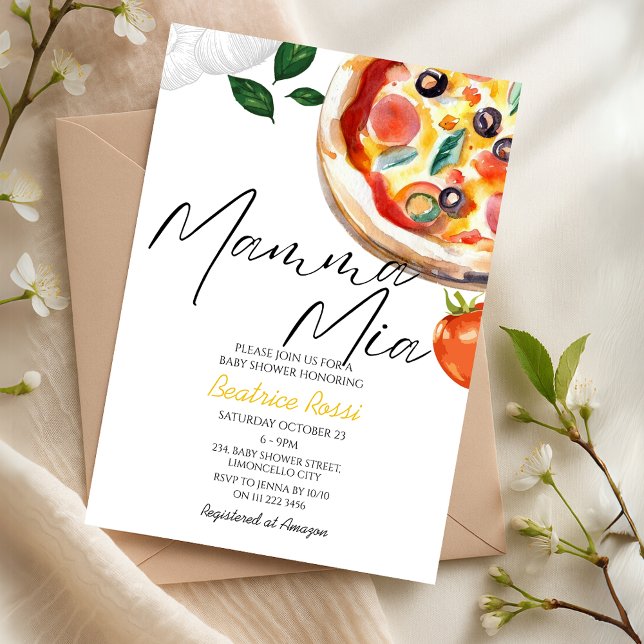 Invitation Aquarelle Mamma Mia italienne ! Baby shower à la p (Watercolor Italian Mamma Mia Pizza Baby Shower Invitation)