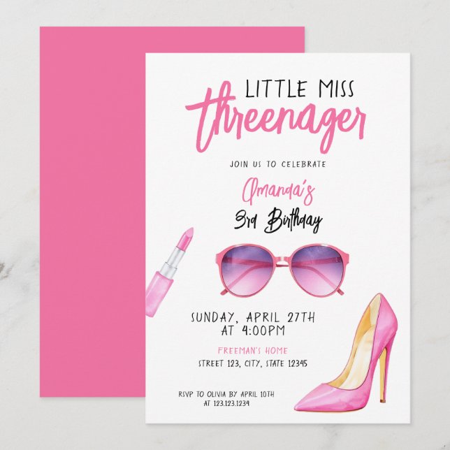 Invitation Aquarelle Maquillage rose thème 3e anniversaire (Devant / Derrière)