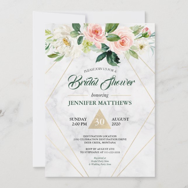 Invitation Aquarelle Marbre Floral Boho Fête des mariées (Devant)
