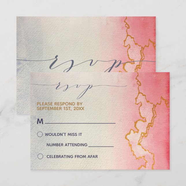 Invitation Aquarelle Marbre Or Ombre | RSVP (Devant / Derrière)