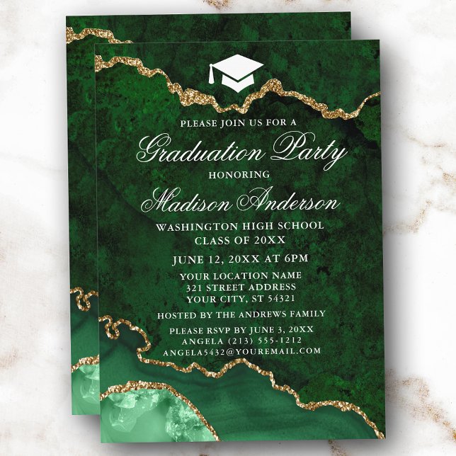Invitation Aquarelle Marbre vert Agate Party de graduation (Customize to change text size, style or to add more text or photos to back of card.)