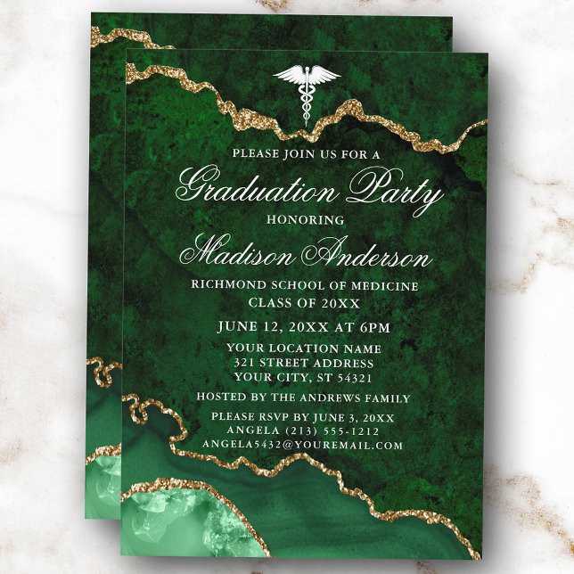Invitation Aquarelle Marbre vert Médicale Graduation Party (Customize to change text size, style or to add more text or photos to back of card.)
