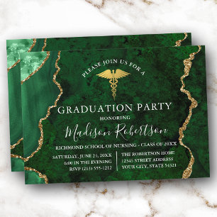 Invitation Aquarelle Marbre vert Or Médicale Grad Party
