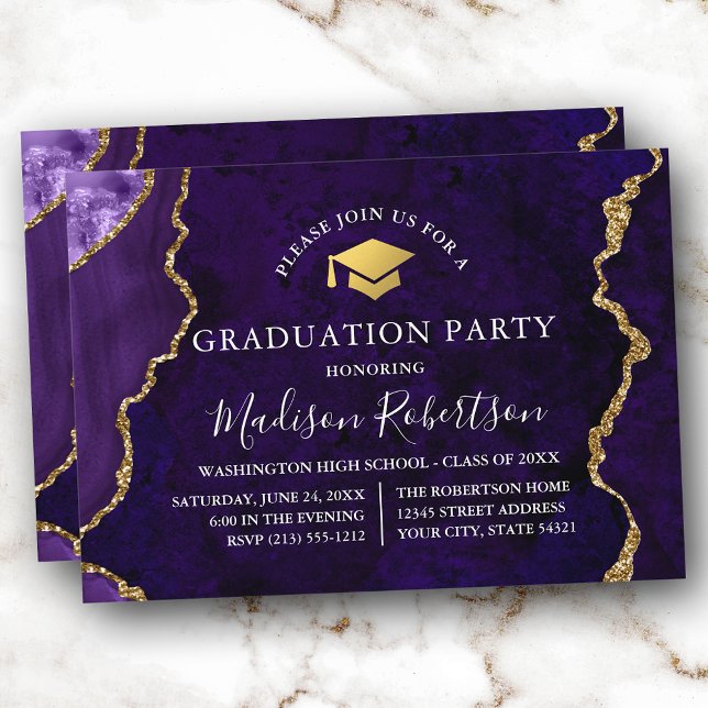 Invitation Aquarelle marbre violet or Casquette Grad Party (Customize to add text or a photo to back of card.)