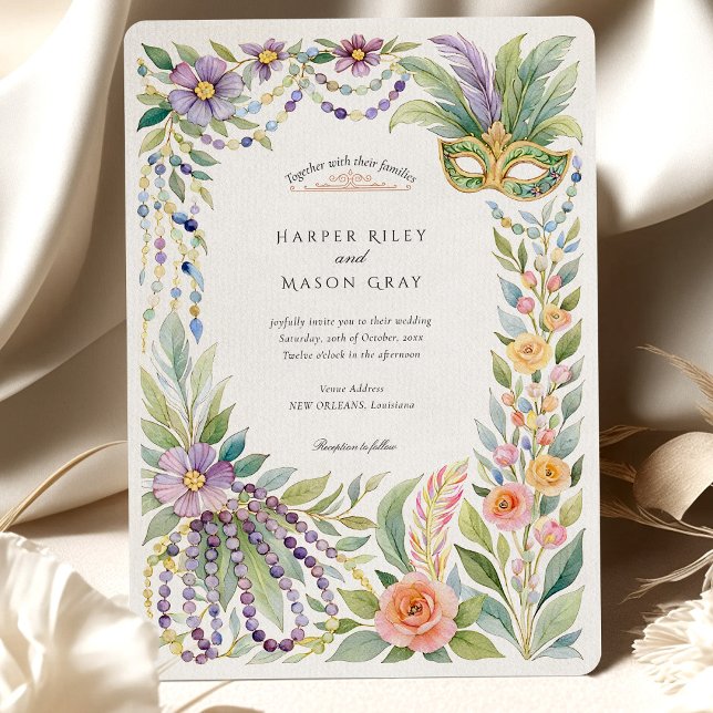 Invitation Aquarelle Mardi Gras Masquerade Mariage floral (Créateur téléchargé)
