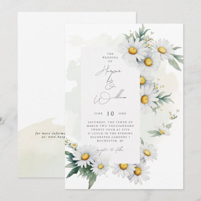 Invitation Aquarelle marguerite mariage non centré (Devant / Derrière)