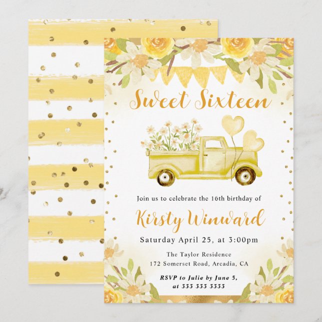 Invitation Aquarelle marguerites Camion et fleurs Sweet sixte (Devant / Derrière)