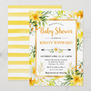 Invitation Aquarelle marguerites et Baby shower de fleurs jau