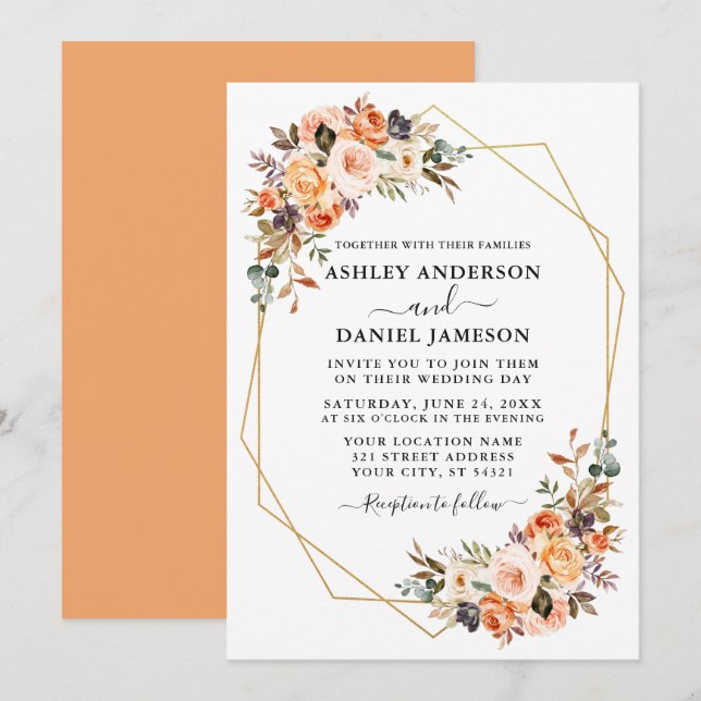Invitation Aquarelle mariage Automne Floral Geo Frame Peach (Devant / Derrière)