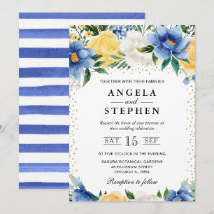 Invitation Aquarelle Mariage bleu et jaune