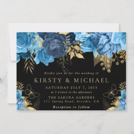 Invitation Aquarelle Mariage bleu et or