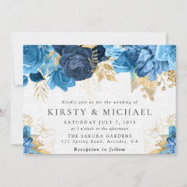 Invitation Aquarelle Mariage bleu et or