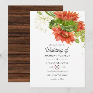 Invitation Aquarelle Mariage Bohème Rustique Tournesols Rouge