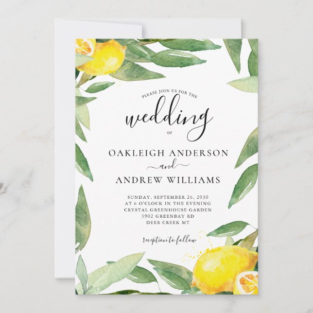 Invitation Aquarelle Mariage botanique de citron (Devant)