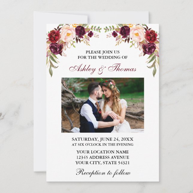 Invitation Aquarelle mariage Bourgogne Floral Couple Photo (Devant)