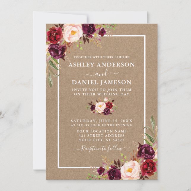 Invitation Aquarelle mariage Bourgogne Floral Kraft (Devant)