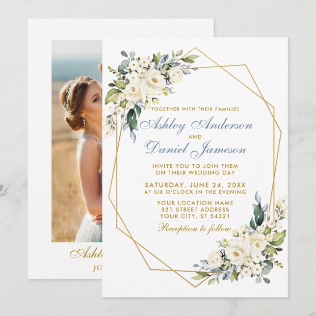 Invitation Aquarelle mariage Cadre Floral Photo Bleu Duché (Devant / Derrière)
