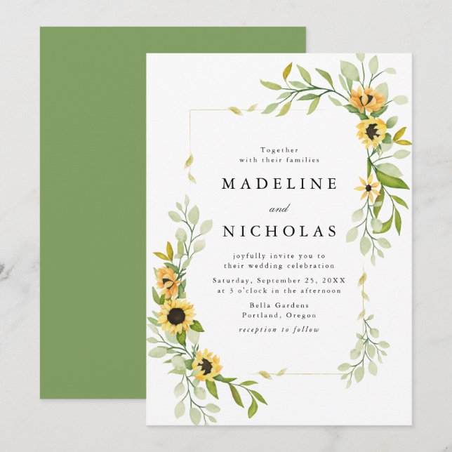 Invitation Aquarelle Mariage de tournesols et verdure (Devant / Derrière)