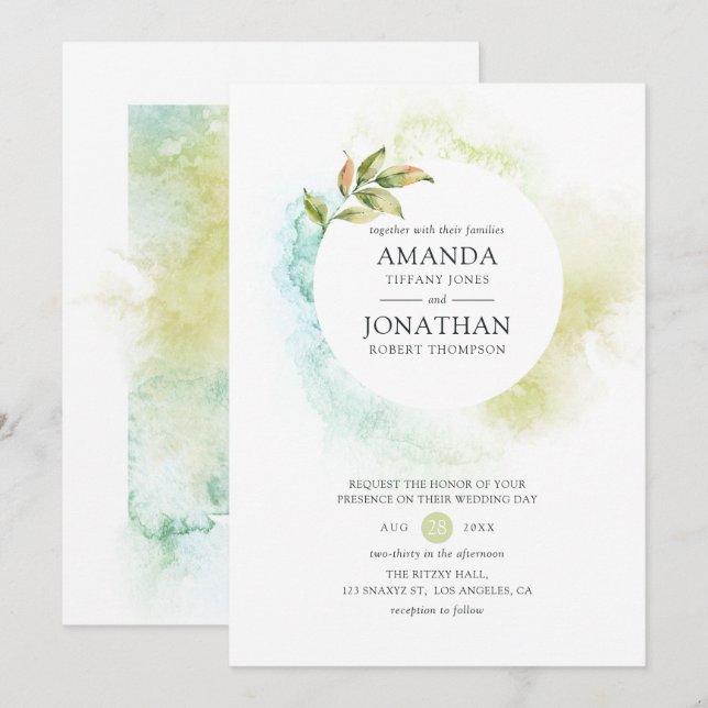Invitation Aquarelle Mariage de verdure (Devant / Derrière)